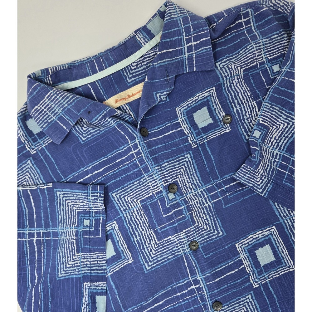 Tommy‎ Bahama Shirt Men's XL Short Sleeve Geometric Silk White Blue